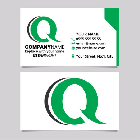 Green and Black Business Card Template with Spiky Round Letter Q Logo Icon Over a Light Grey Backgroundのイラスト素材