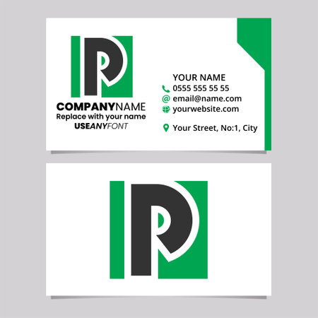 Green and Black Business Card Template with Square Letter P Logo Icon Over a Light Grey Backgroundのイラスト素材