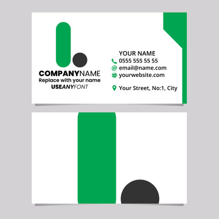 Green and Black Business Card Template with Rounded Letter L Logo Icon Over a Light Grey Backgroundのイラスト素材
