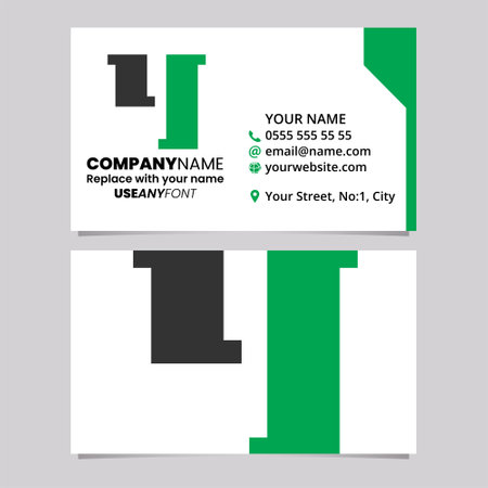 Green and Black Business Card Template with Stamp Shaped Letter Y Logo Icon Over a Light Grey Backgroundのイラスト素材