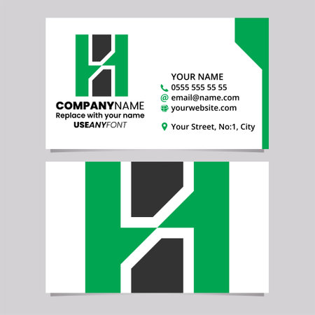Green and Black Business Card Template with Vertical Rectangle Shaped Letter H Logo Icon Over a Light Grey Backgroundのイラスト素材