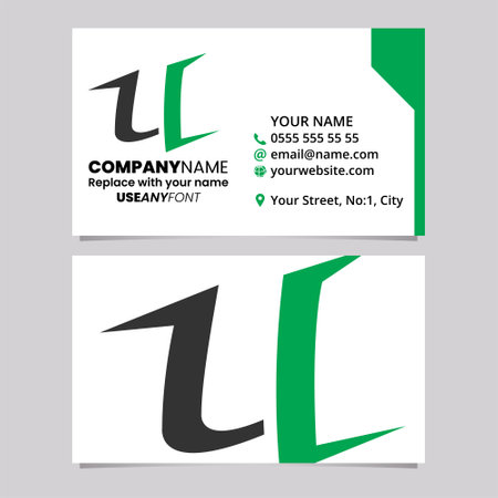 Green and Black Business Card Template with Spiky Shaped Letter U Logo Icon Over a Light Grey Backgroundのイラスト素材