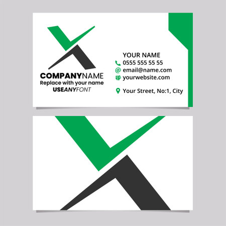 Green and Black Business Card Template with Tick Shaped Letter X Logo Icon Over a Light Grey Backgroundのイラスト素材