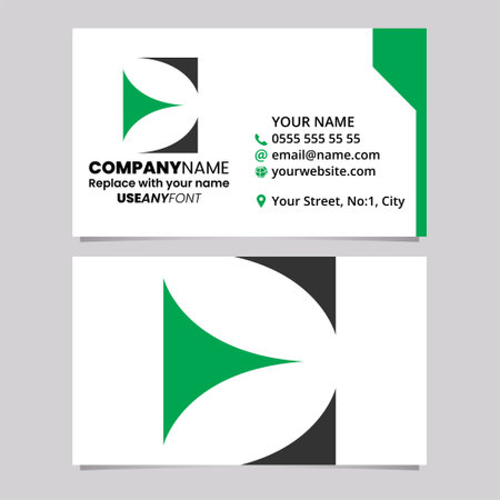 Green and Black Business Card Template with Triangular Uppercase Letter E Logo Icon Over a Light Grey Backgroundのイラスト素材