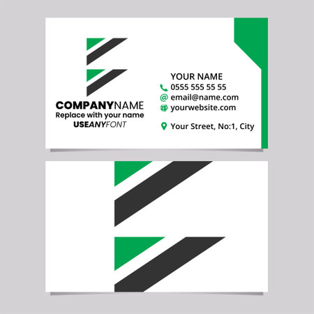 Green and Black Business Card Template with Triangular Flag Shaped Letter B Logo Icon Over a Light Grey Backgroundのイラスト素材