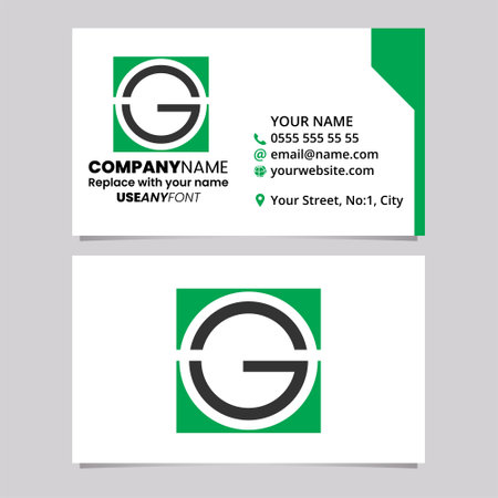 Green and Black Business Card Template with Square Letter G Logo Icon Over a Light Grey Backgroundのイラスト素材