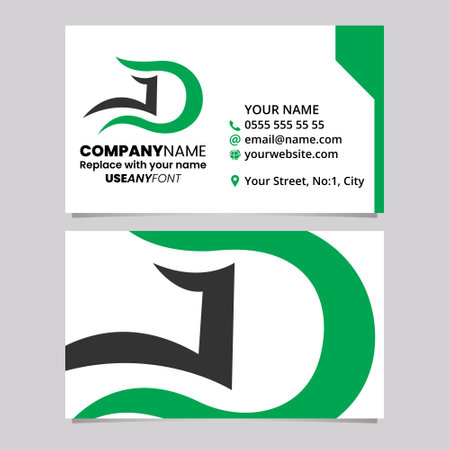 Green and Black Business Card Template with Wavy Curved Letter D Logo Icon Over a Light Grey Backgroundのイラスト素材