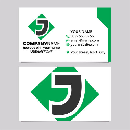 Green and Black Business Card Template with Square Diamond Letter J Logo Icon Over a Light Grey Backgroundのイラスト素材