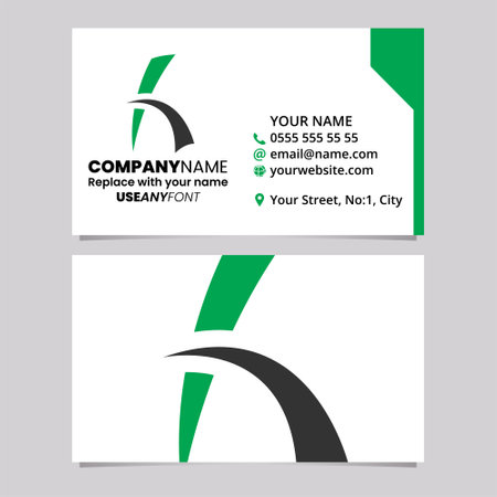 Green and Black Business Card Template with Spiky Lined Letter H Logo Icon Over a Light Grey Backgroundのイラスト素材