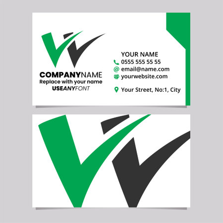 Green and Black Business Card Template with Tick Shaped Letter W Logo Icon Over a Light Grey Backgroundのイラスト素材