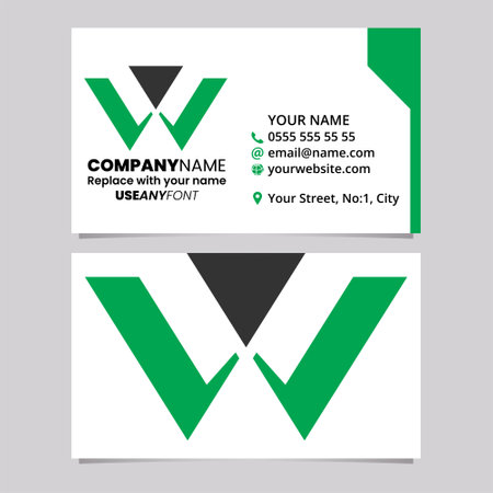 Green and Black Business Card Template with Triangle Shaped Letter W Logo Icon Over a Light Grey Backgroundのイラスト素材