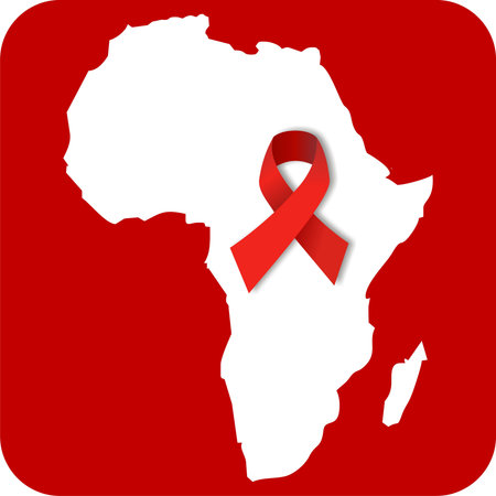 The african continent with a red ribbon over a red rounded square. available