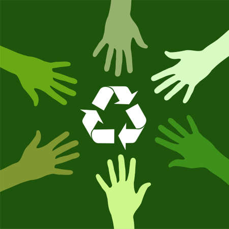 recycling sign been circled by various green hands. file available.の写真素材