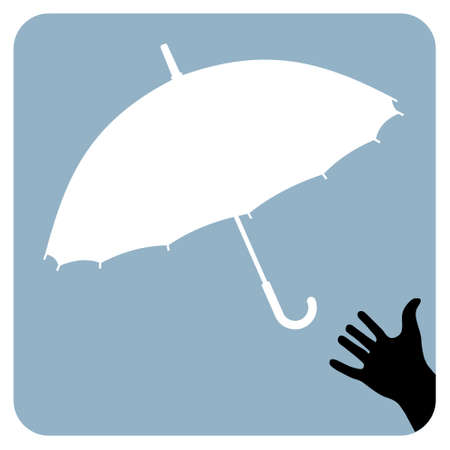Silhouette of a hand and an umbrella on a sky blue background. availableの写真素材