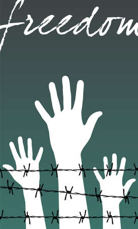 Illustration of white hands behind a barbed wire prison with the word Freedom written. Vector file available.のイラスト素材