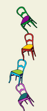 Chain of juggling multicolored chairs in perfect balanceの写真素材