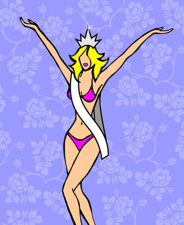 blond girl crowned beauty queen raises her arms victoriouslyの写真素材