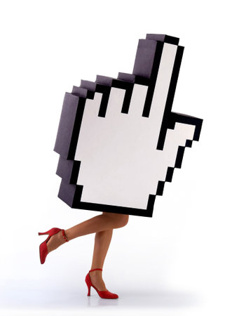 E-commerce hand cursor with woman legs, in a hurry to close business. White backgroundの写真素材