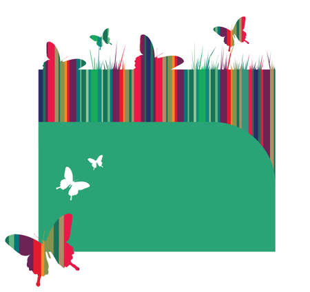 Butterfly and spring motif design. Striped colored texture, above full green on white background. Vector availableのイラスト素材