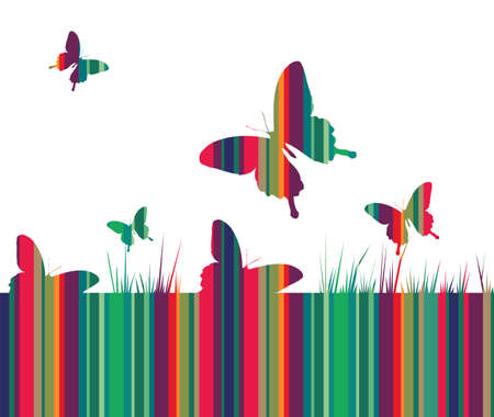 Butterfly and spring motif design. Striped colored texture with growing grass on white background. Vector availableのイラスト素材
