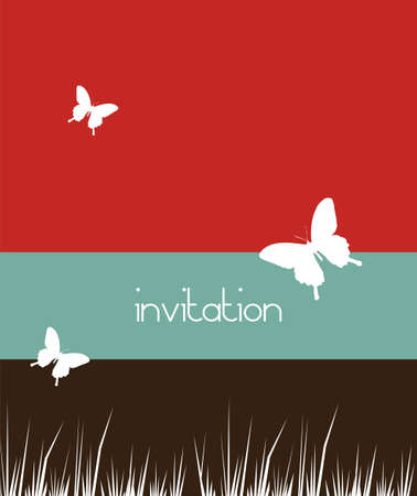 Butterfly and grass white pattern, on a red, blue and black striped background. Spring motif design usable as invitation card. Vector availableのイラスト素材