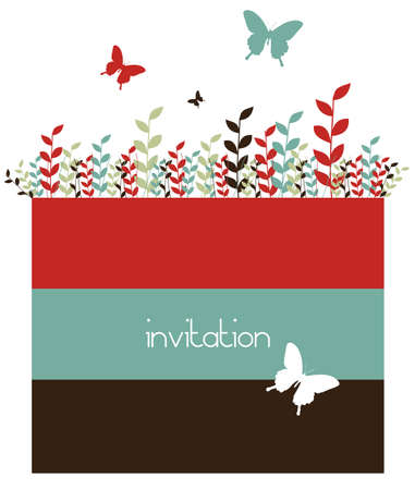 Butterflies and growing leaves on red, blue and black horizontal bars. White background. Spring motif design usable as invitation card. Vector availableのイラスト素材