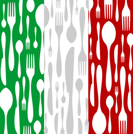Italian Cuisine. Cutlery silhouettes: spoon, knife and fork pattern on green, white and red wide striped background as an icon of the country flag. Vector availableのイラスト素材