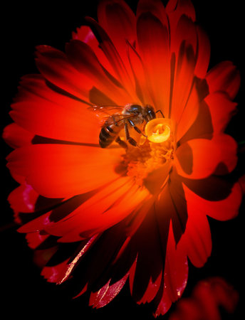 Bee on red flowerの写真素材