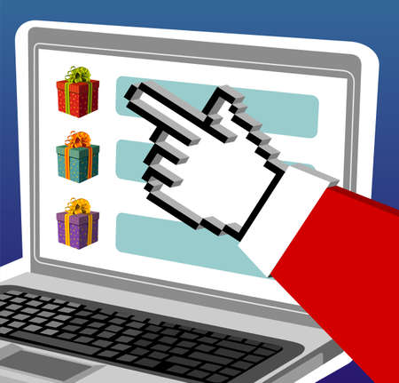 Christmas and e-commerce: Santa Claus e-buying gifts from a notebook.のイラスト素材