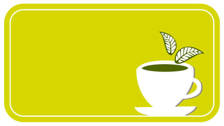 Lemon yellow label with a white cup of tea with leaves falling down.のイラスト素材