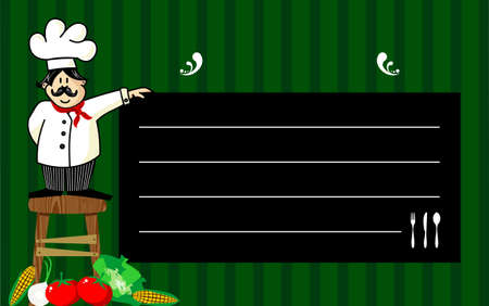Funny chef on a wooden bench, holding a blackboard where the recommendations are written daily. Vegetables at left corner. Striped green background. のイラスト素材