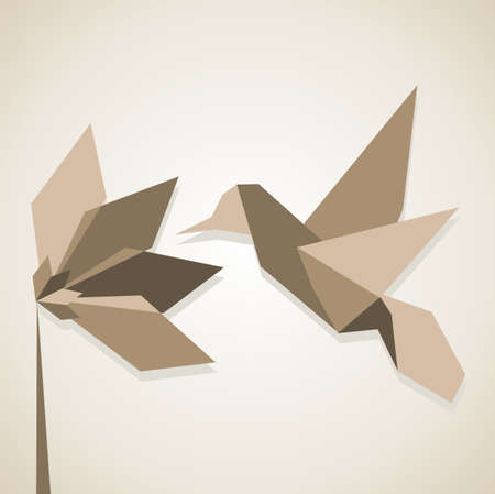 Origami monochromatic brown colors hummingbird and flower. のイラスト素材