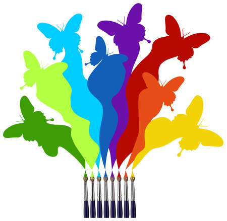 Eight paint brushes drawing a colorful rainbow of a butterfly swarm.  White backgroundのイラスト素材