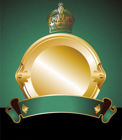 Round golden label with crow and winged band on green backgroundのイラスト素材