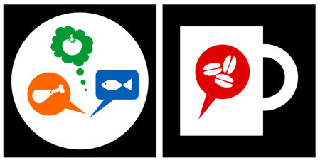 Cutlery icons. White dish and cup silhouettes on black background with meal and coffee coloured symbolsavaliableのイラスト素材