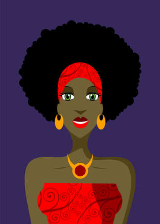 Afro woman with vintage haircut in red dress on violet background. availableのイラスト素材