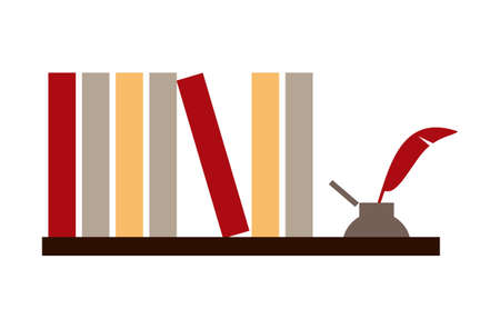 Library shelf with books and inkwell on white background.  availableのイラスト素材