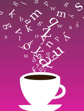 Smokey cup of coffee with letters floating above on purple background.  availableのイラスト素材