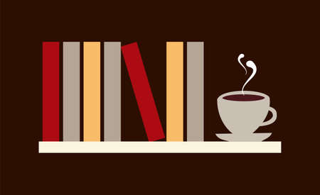 Library shelf with books and cup of coffee.  availableのイラスト素材