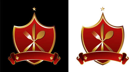 Cutlery icons. Golden cutlery silhouettes in shields on black and white backgrounds.のイラスト素材