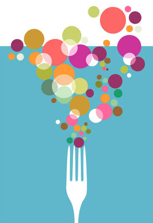 Cutlery icons. One fork silhouette with colorful circles on light blue background.のイラスト素材