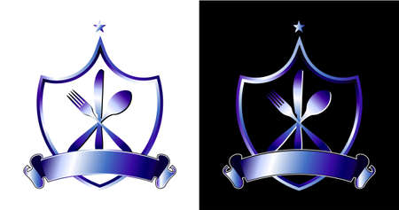 Cutlery icons. Fork, knife and spoon silhouettes in shields on black and white backgrounds. illustration.のイラスト素材