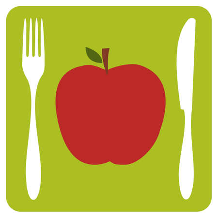 Menu restaurant icon. One red apple with cutlery silhouettes on lemon green background. のイラスト素材