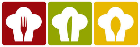 Chef icons. Chef hat silhouette pattern with cutlery inside on different background. のイラスト素材