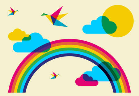 Spring time: full color humming birds, rainbow and clouds.のイラスト素材