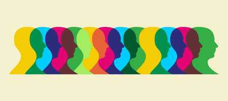 Multiple human heads interacting illustration. のイラスト素材