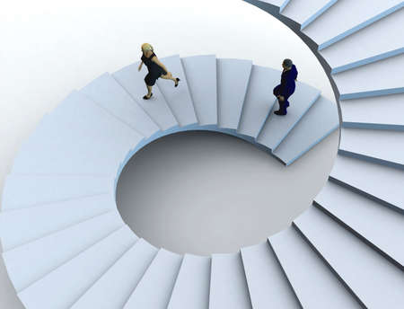 Businesswoman and a businessman going upstairs in a curved staircase.の写真素材