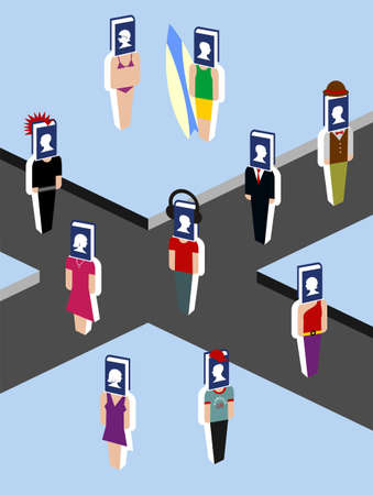 virtual community walking down the street from the social mediaのイラスト素材