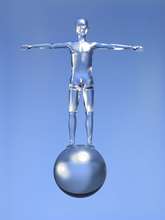 Glassy 3d man with open arms over a glass sphere on blue background.の写真素材