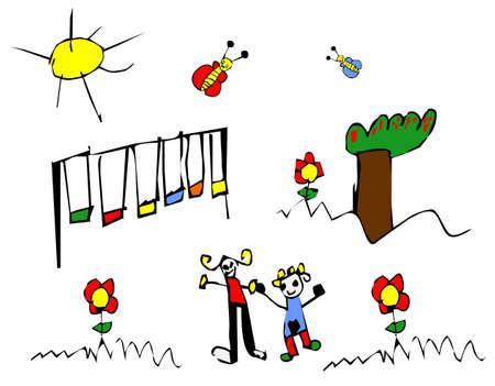 Child hand drawn illustration of children spring time outdoors activities.のイラスト素材